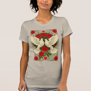 Camiseta Palomas blancas y rosas rojas Art Nouveau