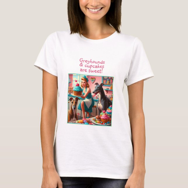 Camiseta Panadería retro vintage de Greyhounds y Cupcakes (Anverso)