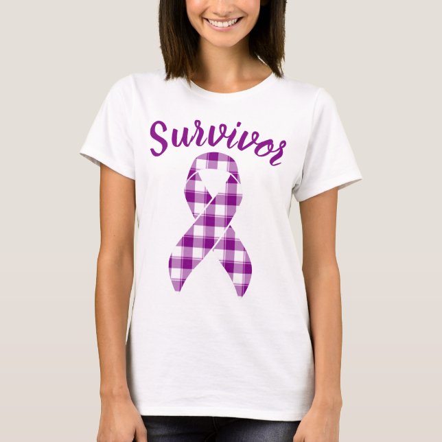 Camiseta Pancreatic Cancer Survivor Plaid Purple Ribbon (Anverso)