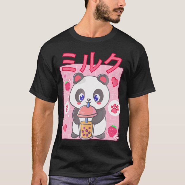 Camiseta Panda Boba Tea Bubble Tea Anime Kawaii Strawberry (Anverso)