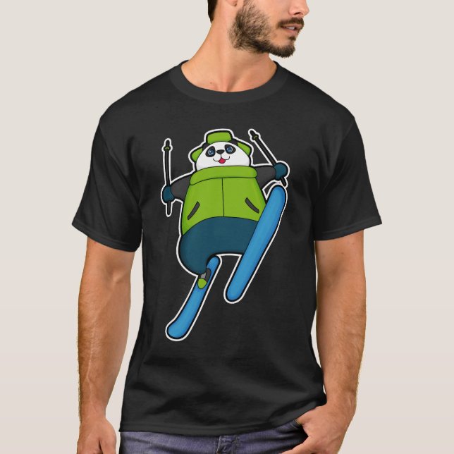 Camiseta Panda como saltador de esquí con esquí (Anverso)