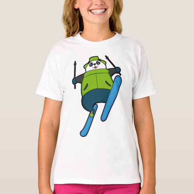 Camiseta Panda como saltador de esquí con esquí (Anverso)
