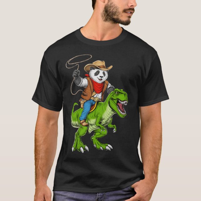 Camiseta Panda Cowboy Montando Dinosaurio T-Rex (Anverso)