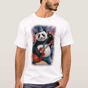 Camiseta Panda divertido toca Rock and Roll en un azul oscu