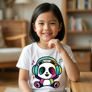 Camiseta Panda feliz con auriculares escuchando música.