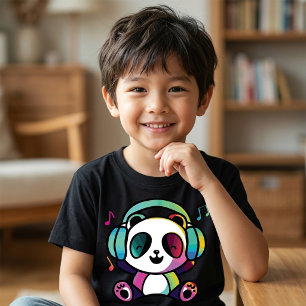 Camiseta Panda feliz con auriculares escuchando música.
