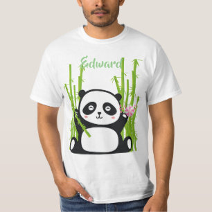 Camiseta Panda feliz con flores de bambú y cerezo