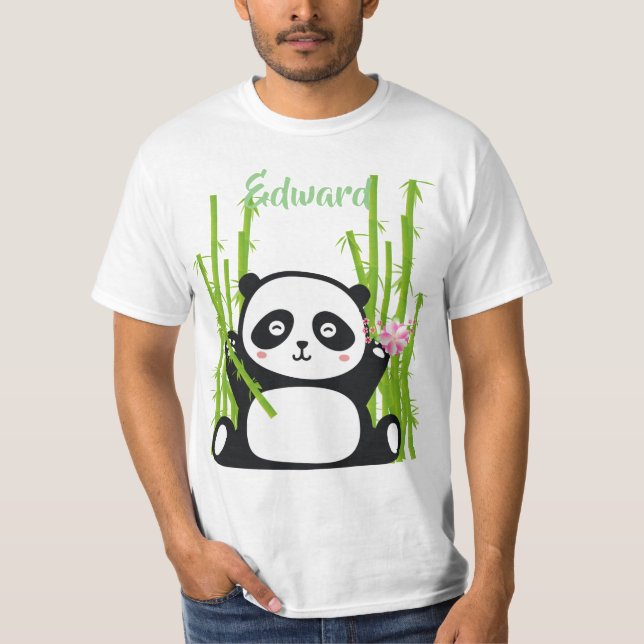 Camiseta Panda feliz con flores de bambú y cerezo (Anverso)