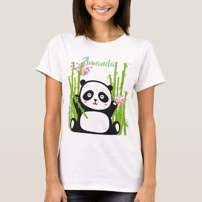 Camiseta Panda feliz con flores de bambú y cerezo  (Anverso)