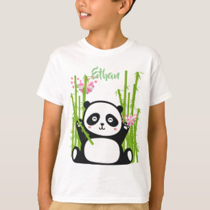 Camiseta Panda feliz con flores de bambú y cerezo