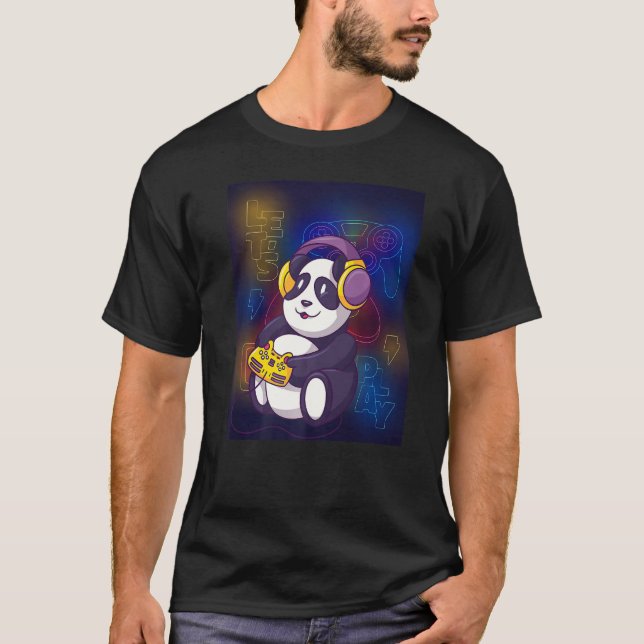 Camiseta panda gamer juego jugando auriculares controlador  (Anverso)
