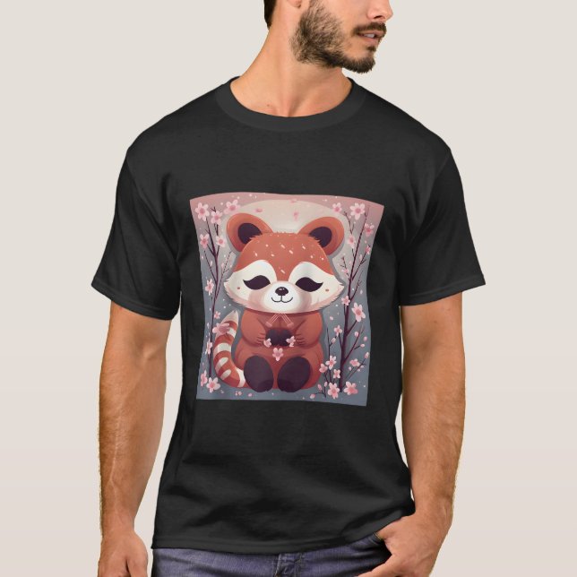 Camiseta Panda Rojo Adorable En Mar De Flores De Cerezo Bas (Anverso)
