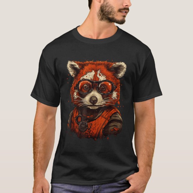 Camiseta Panda Rojo Con Animales Impresos De Gafas (Anverso)