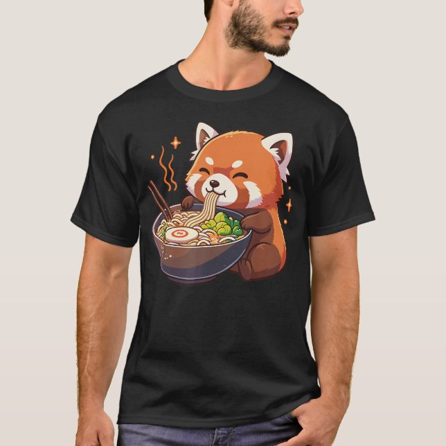 Camiseta Panda Rojo Con Fideos Ramen Kawaii Rojo (Anverso)