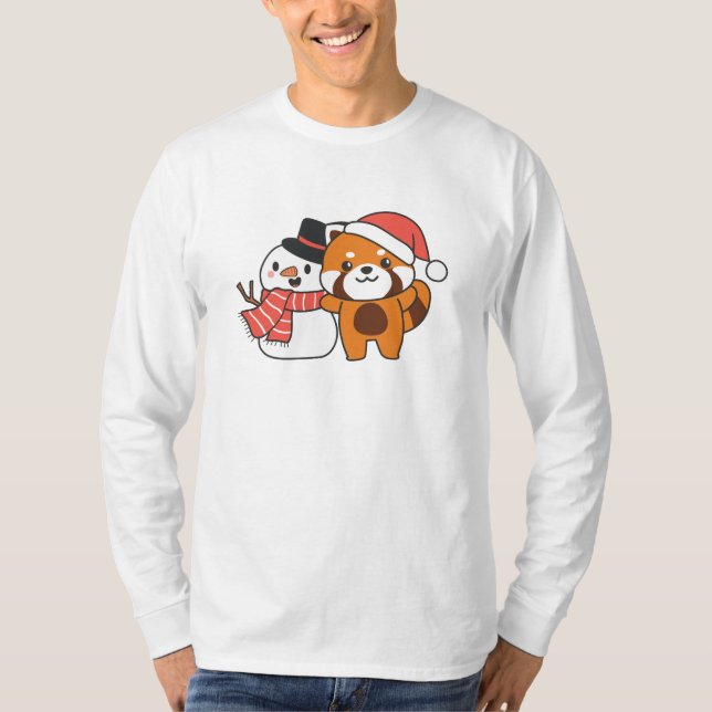 Camiseta Panda Rojo Con Snowman En Invierno Para Navidades (Anverso)