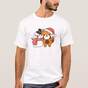 Camiseta Panda Rojo Con Snowman En Invierno Para Navidades