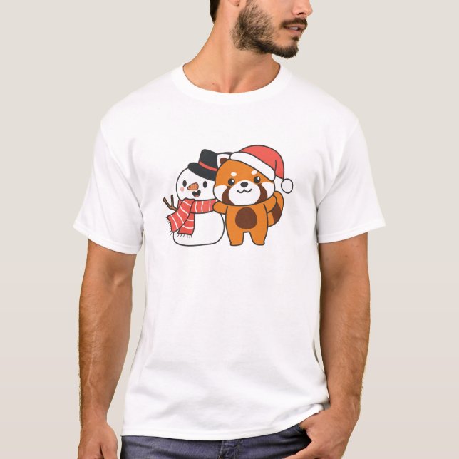 Camiseta Panda Rojo Con Snowman En Invierno Para Navidades (Anverso)