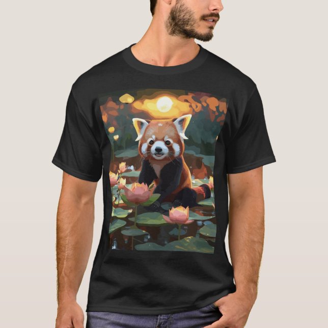 Camiseta Panda rojo en estanque de loto (Anverso)