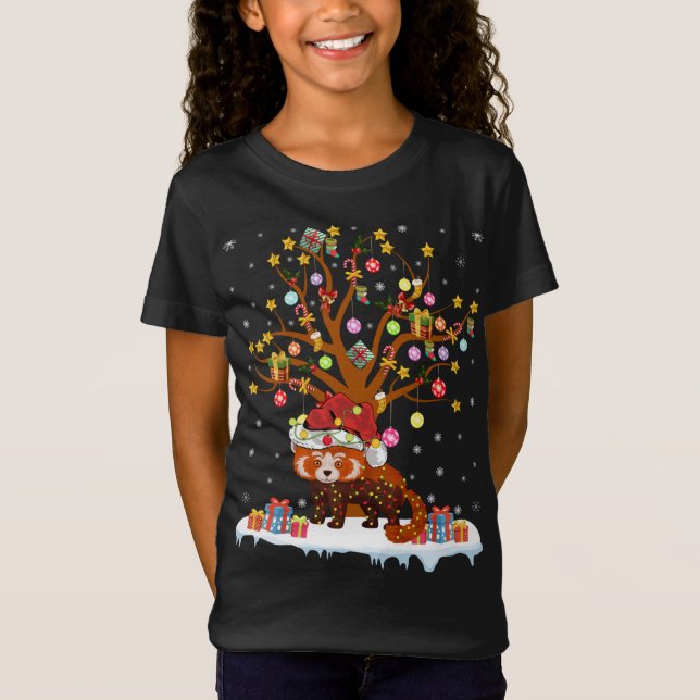 Camiseta Panda Rojo iluminando el regalo de árbol de navida (Anverso)