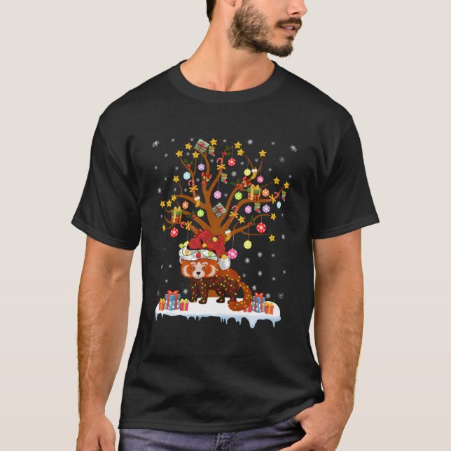 Camiseta Panda Rojo iluminando el regalo de árbol de navida (Anverso)