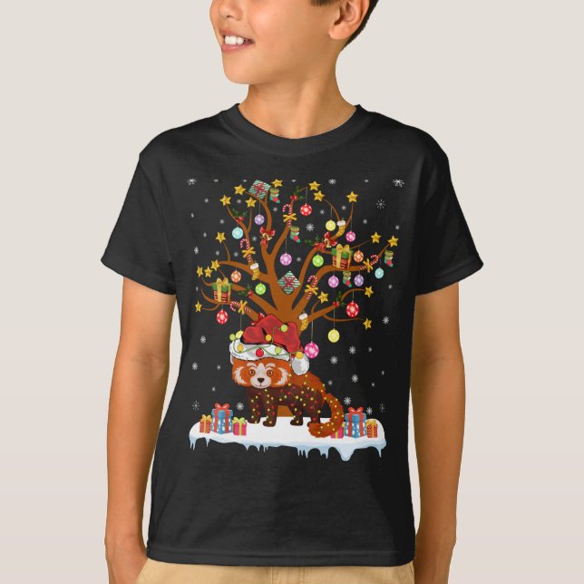 Camiseta Panda Rojo iluminando el regalo de árbol de navida (Anverso)