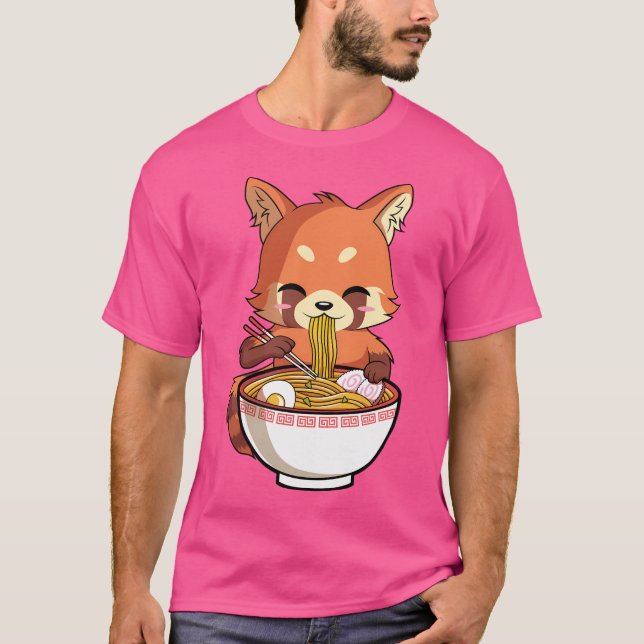Camiseta Panda Rojo Kawaii comiendo Ramen japonés (Anverso)