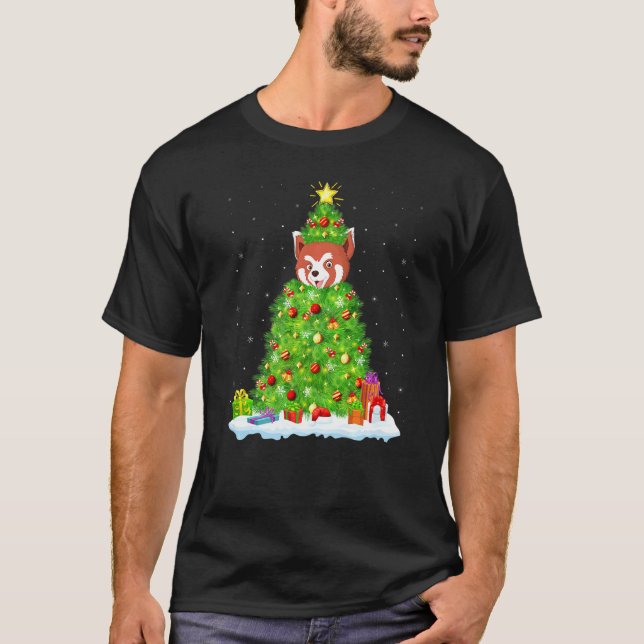 Camiseta Panda Rojo Navidad Árbol de iluminación Gracioso P (Anverso)
