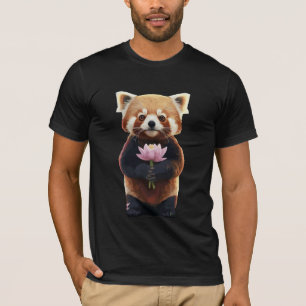 Camiseta Panda rojo sosteniendo un ramo de flores de loto