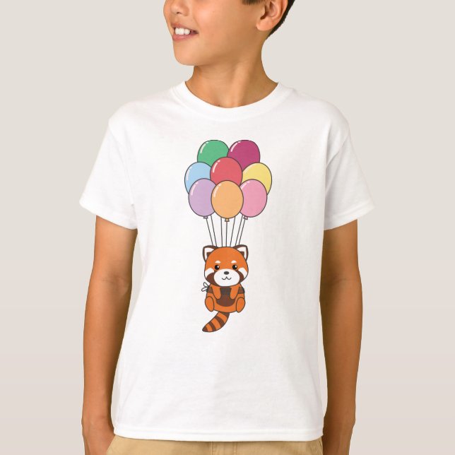 Camiseta Panda Rojo vuela Con Globos Coloridos (Anverso)