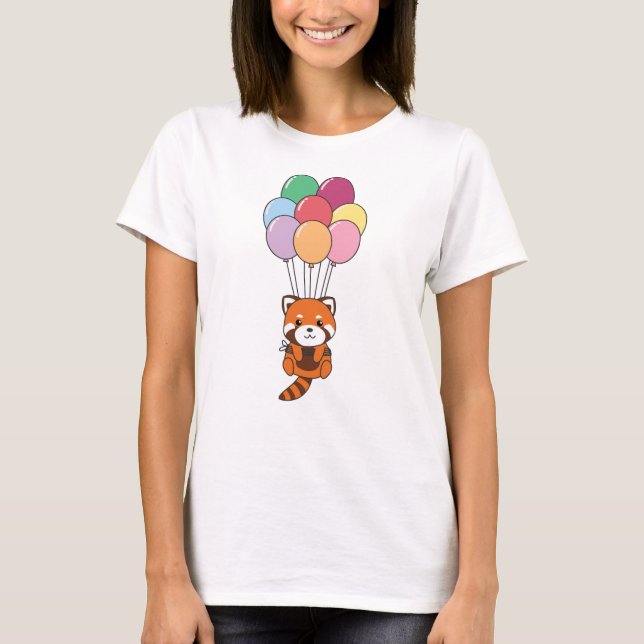 Camiseta Panda Rojo vuela Con Globos Coloridos (Anverso)