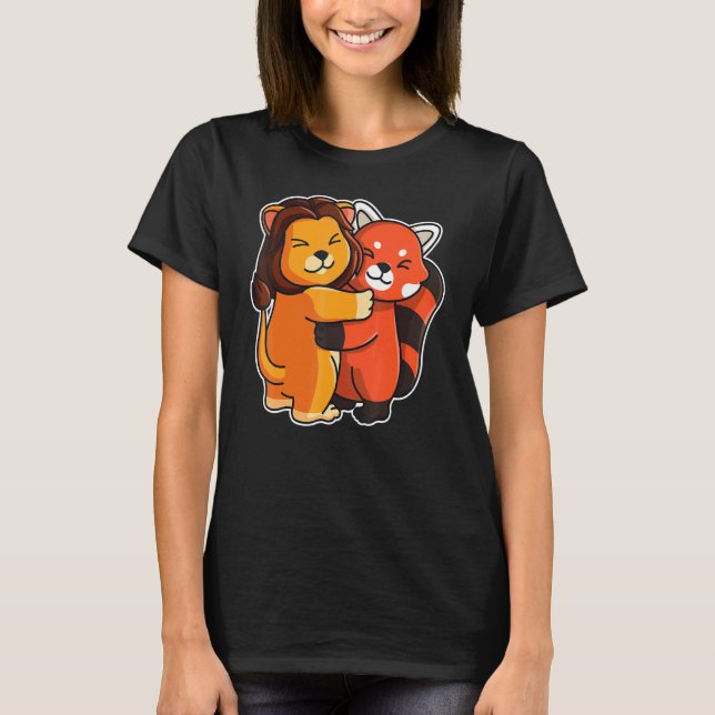 Camiseta Panda Rojo Y Animales De Cuta De León Para Mujeres (Anverso)