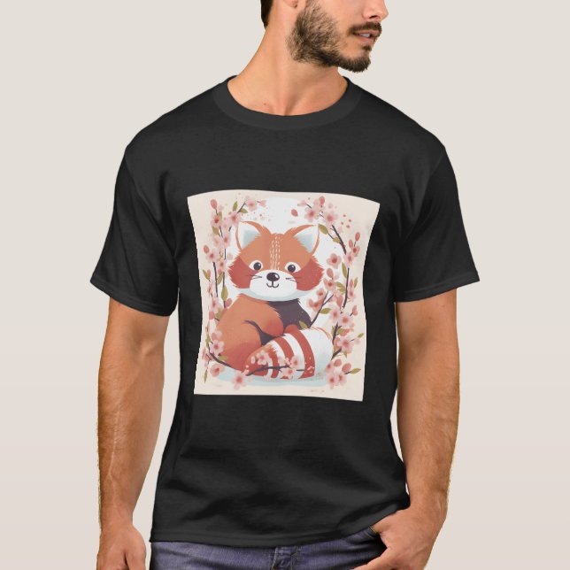 Camiseta Panda Rojo Y Flor De Cerezo Doodle Swestra Illustr (Anverso)