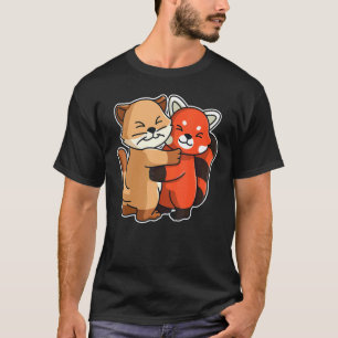 Camiseta Panda Rojo Y Gato Animales Lindos Para Mujeres Hu
