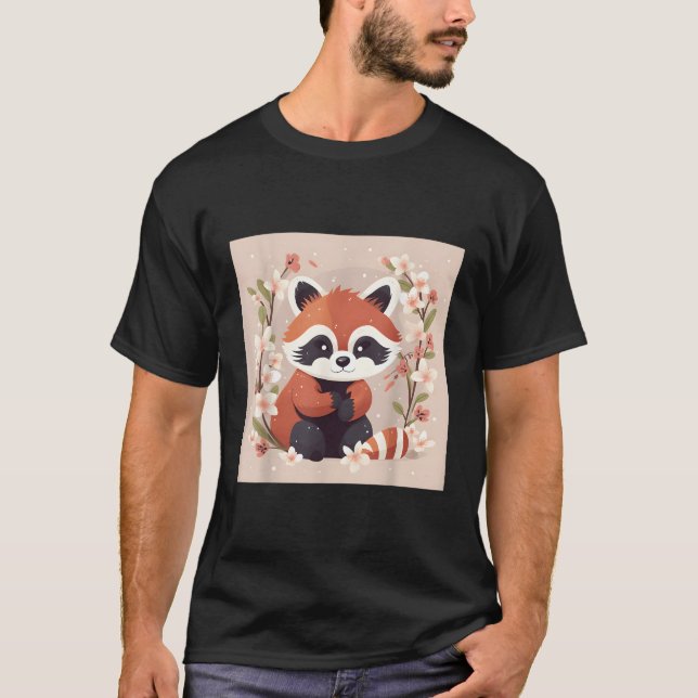 Camiseta Panda Rojo Y Ilustracion De Flor De Cerezo Dulce W (Anverso)