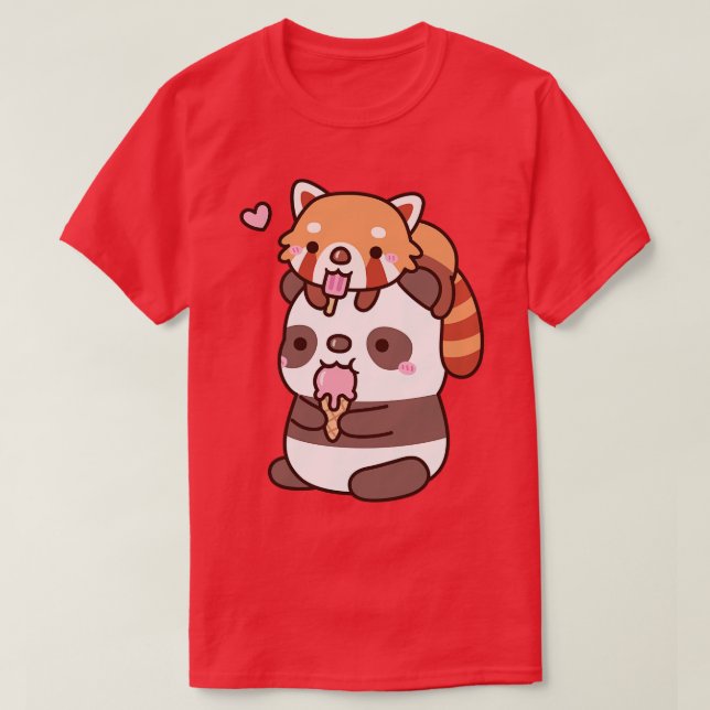 Camiseta Panda Rojo Y Panda Cuidados Comiendo Helados Para  (Diseño del anverso)
