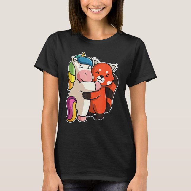 Camiseta Panda Rojo Y Unicornio Cutan Animales Para Mujeres (Anverso)