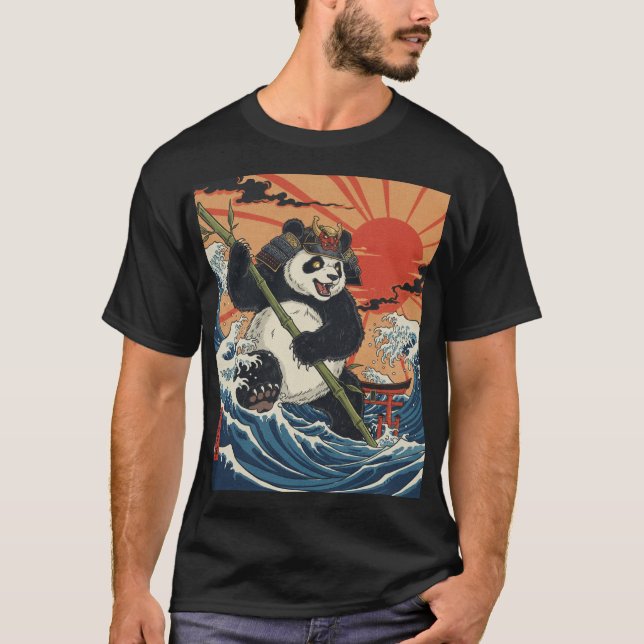 Camiseta Panda Samurai Rising Amid Ukiyo Waves (Anverso)