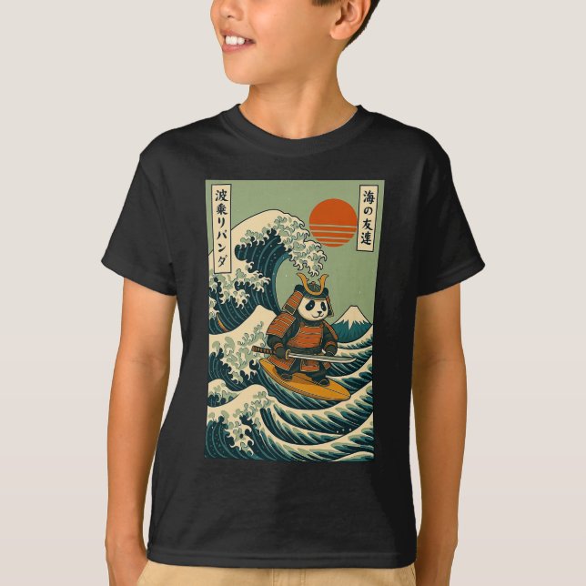 Camiseta Panda Samurái Surfing Ola Japonesa (Anverso)