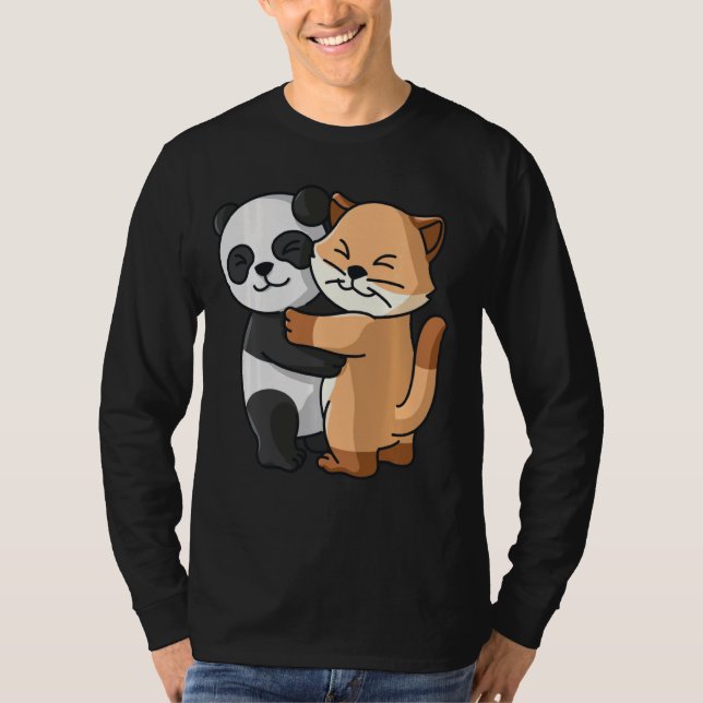 Camiseta Panda Y Cat Cute Abrazo Animales Cuddle (Anverso)