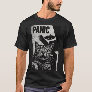 Camiseta "Panic" Terrified Cat & UFO Sci-Fi Art Print