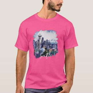 Camiseta Panorama de Seattle Washington Acuarela Recuerdo M