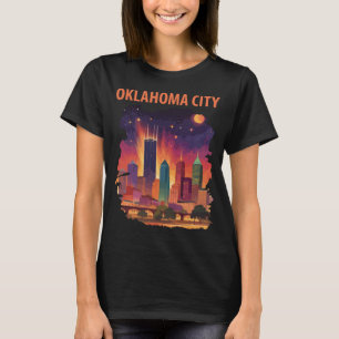 Camiseta Panorama Nocturno Neon de Oklahoma City Retro Viaj