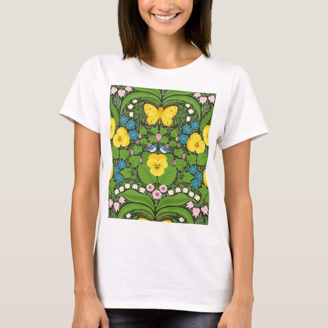 Camiseta Pansias amarillas, pájaros y mariposas (Anverso)