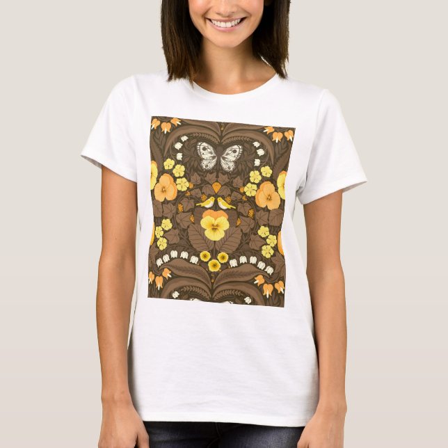 Camiseta Pansias amarillas, pájaros y mariposas (Anverso)