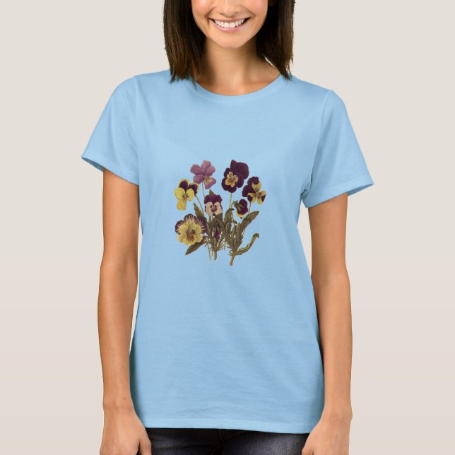 Camiseta Pansias antiguas en flor, flores de jardín floral (Anverso)