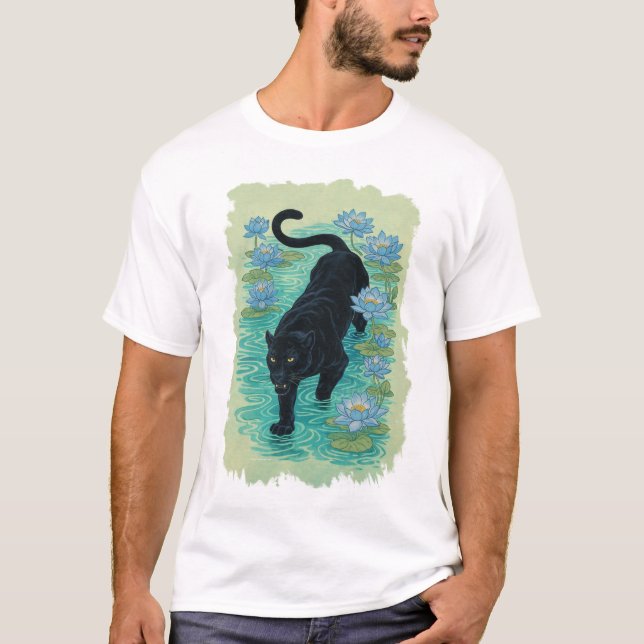 Camiseta Pantera arrastrándose a través de flores de loto a (Anverso)