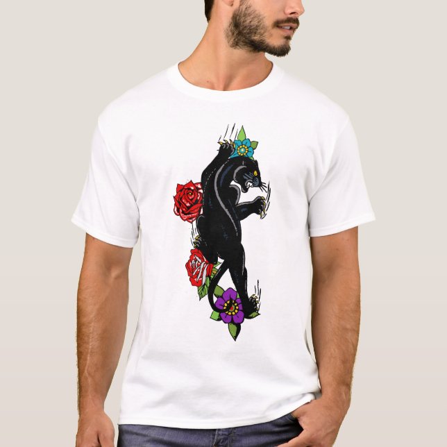 Camiseta panthere noire tattoo old school fleur rose 61 (Anverso)