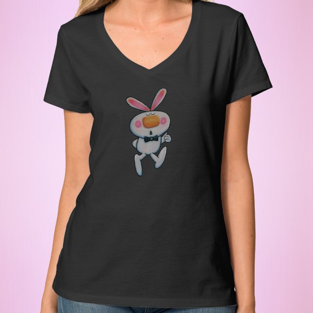 Camiseta Pañuelos de conejo blanco personalizado en las mej (Happy white bunny rabbit rosy cheeks, black bow tie, thumbs up sign on adult tee shirt.)
