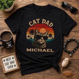 Camiseta Papá Gato Vintage Retro Atardecer Playa Tropical