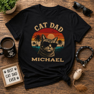 Camiseta Papá Gato Vintage Retro Atardecer Playa Tropical
